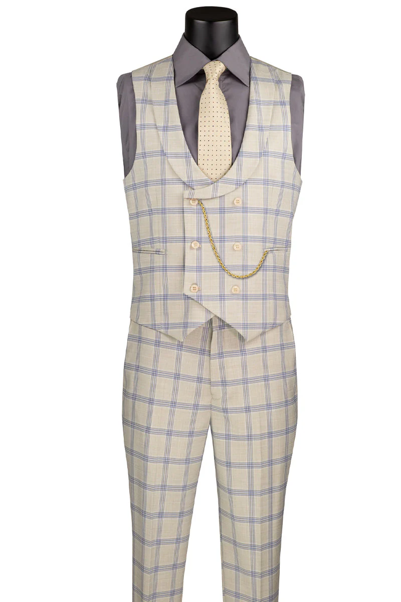 Men's Summer Windowpane Suit with Double Breasted Vest in Light Beige - Image 2