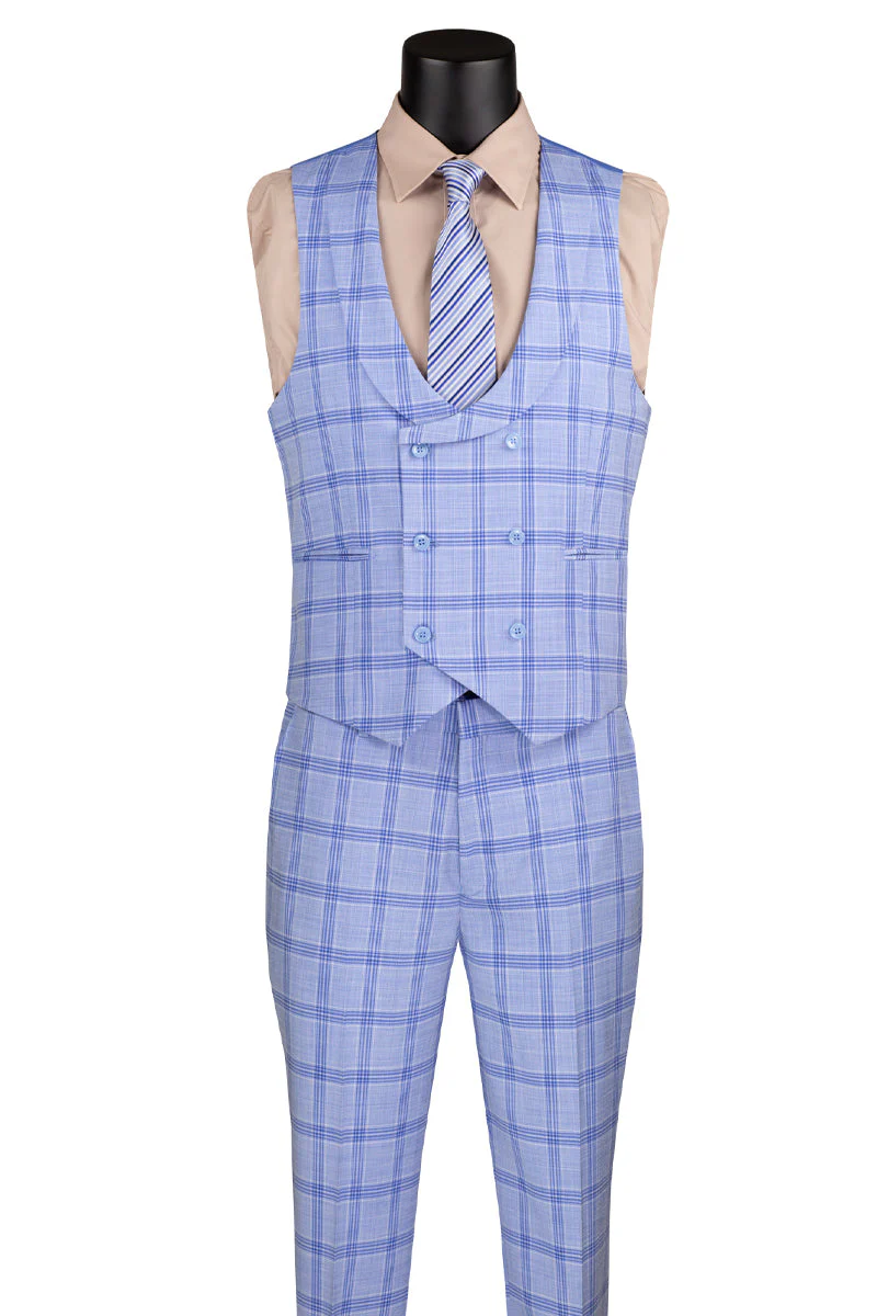 Men's Summer Windowpane Suit with Double Breasted Vest in Light Blue - Image 2