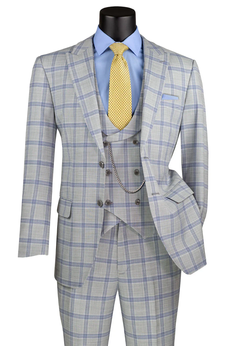 Men's Summer Windowpane Suit with Double Breasted Vest in Light Grey