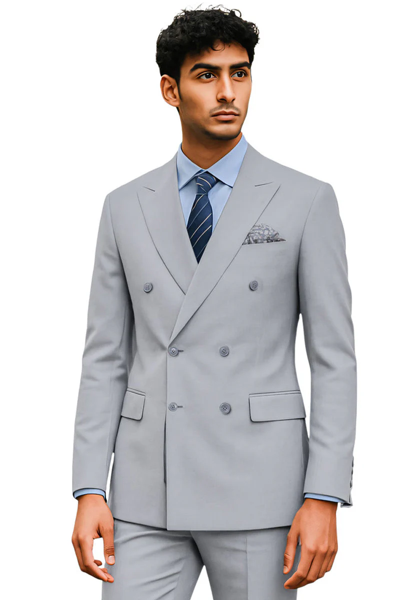 Men's Tailored Fit Double Breasted Suit in Light Grey - Image 2