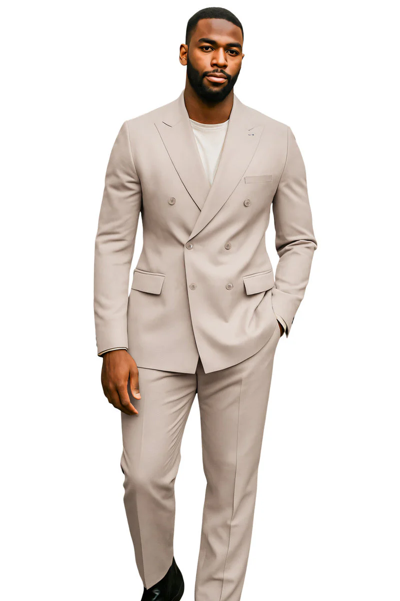 Men's Tailored Fit Double Breasted Suit in Tan - Image 2
