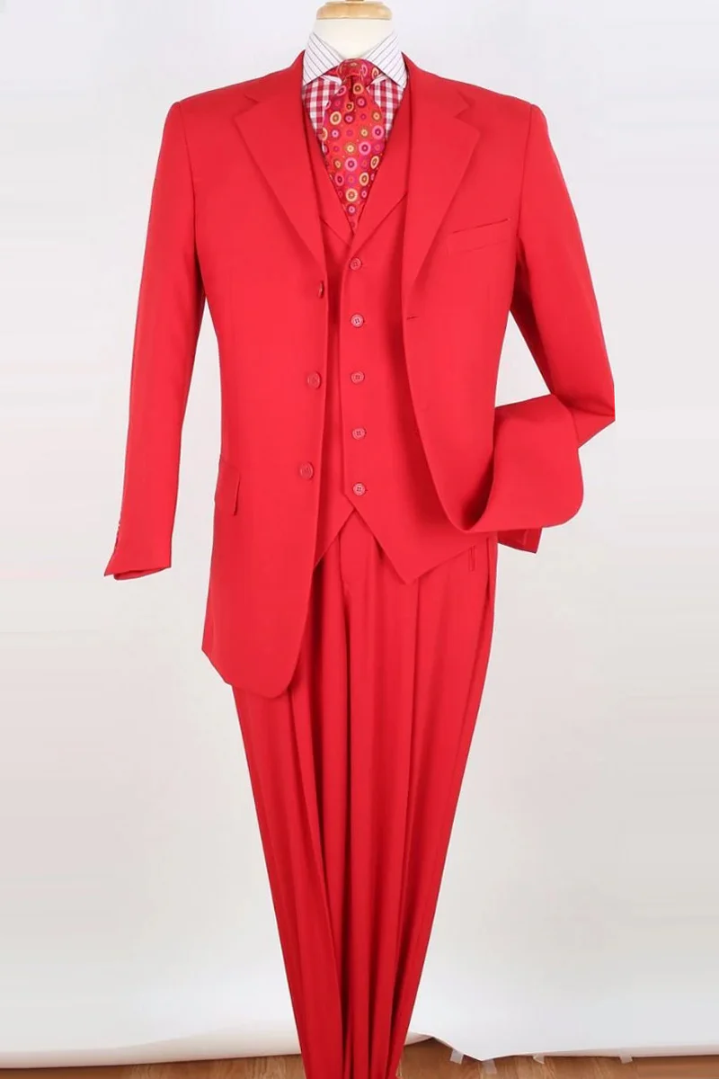 Mens Three Button Classic Fit Vested Suit in Red