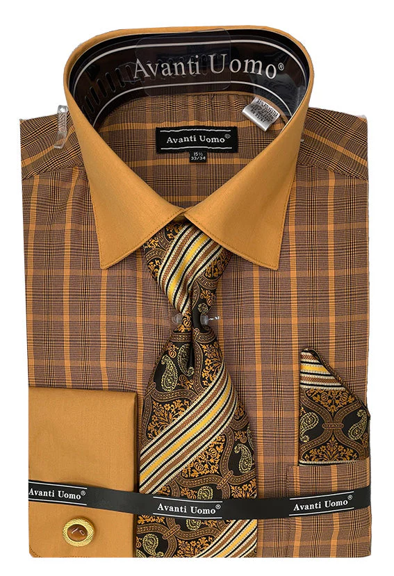 Mens Tonal Check Print Contrast Collar French Cuff Dress Shirt Set in Rust