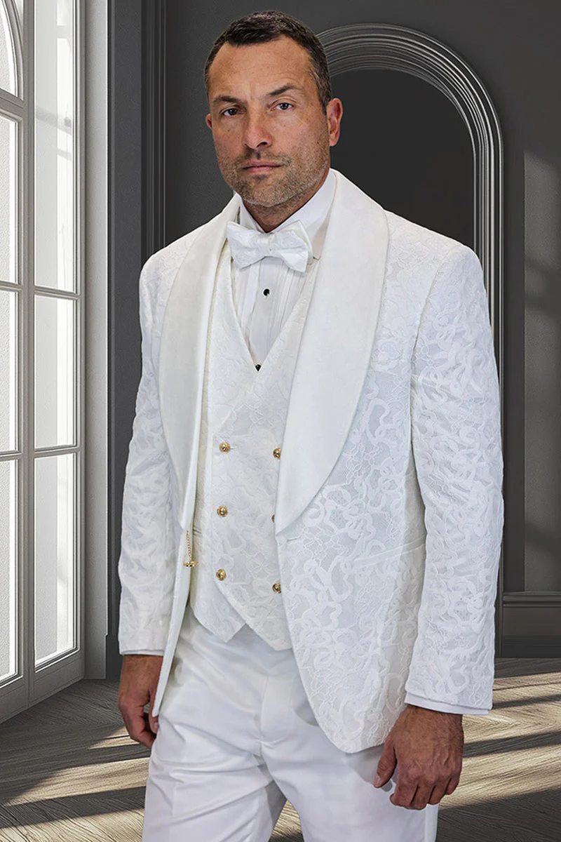 Men's Tonal Paisley Wedding & Prom Tuxedo with Velvet Lapel & Vest in White
