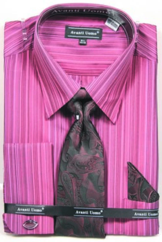Men's Tonal Stripe French Cuff Dress Shirt, Tie & Hanky Set in Burguny Wine