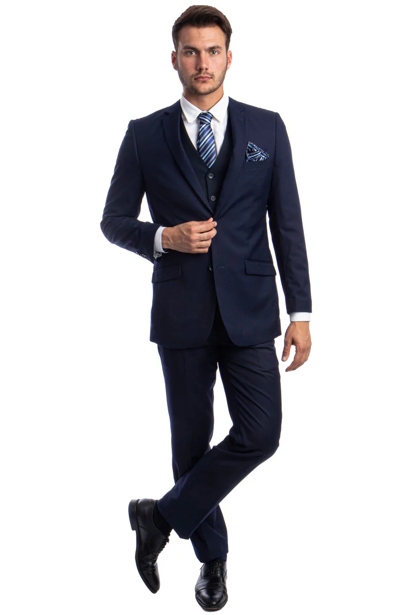 Men's Two Button Basic Hybrid Fit Vested Suit in Navy Blue - Image 2