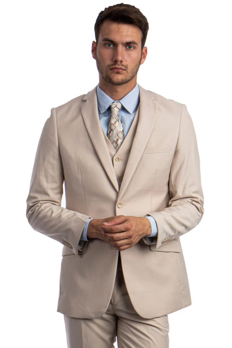 Men's Two Button Basic Hybrid Fit Vested Suit in Tan