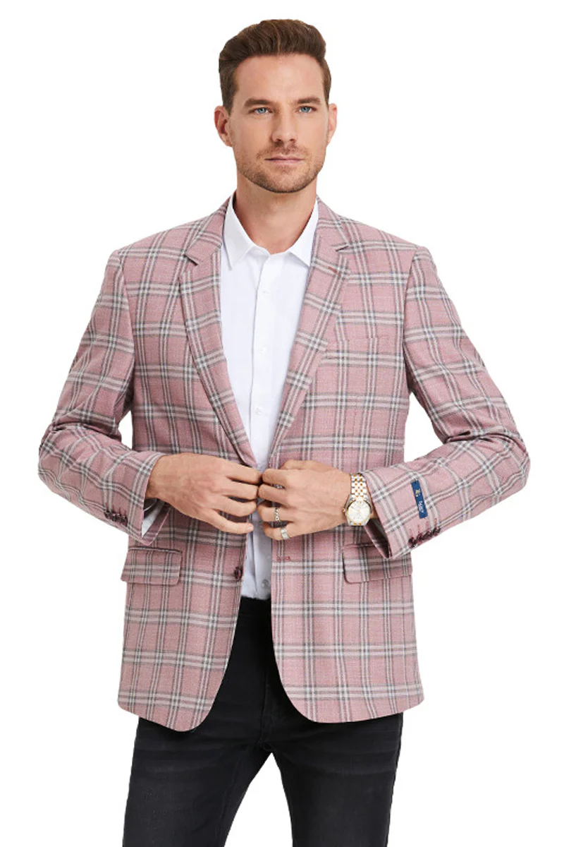 Men's Two Button Business Casual Double Windowpane Sport Coat in Rose Pink