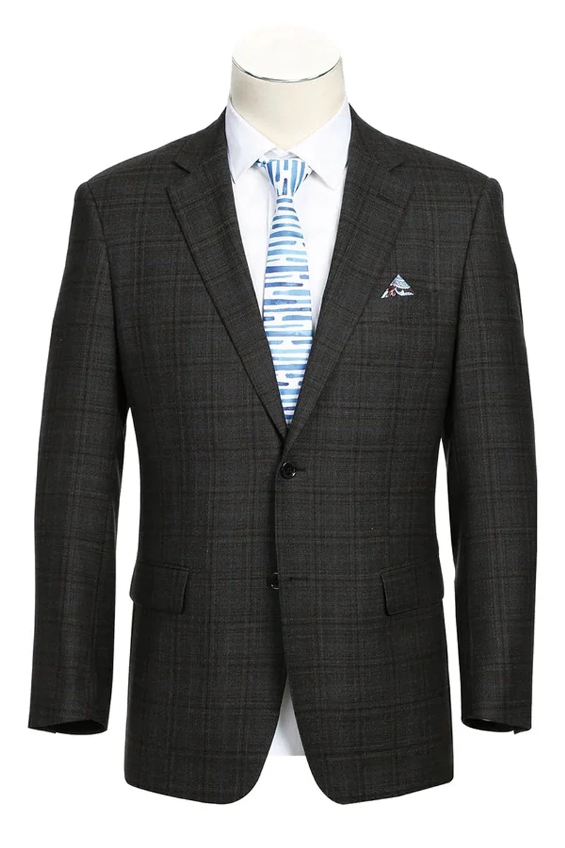 Mens Two Button Classic Fit 100% Wool Sport Coat Blazer in Dark Brown Windowpane Plaid