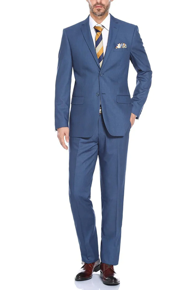 Mens Two Button Classic Fit Hack Pocket Suit in Steel Blue - Image 2