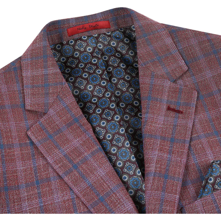 Mens Two Button Classic Fit Sport Coat Blazer in Burgundy Red Windowpane Plaid - Image 2