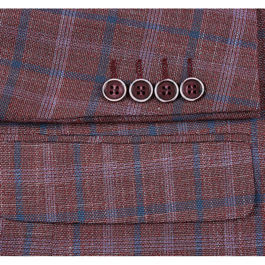 Mens Two Button Classic Fit Sport Coat Blazer in Burgundy Red Windowpane Plaid - Image 3