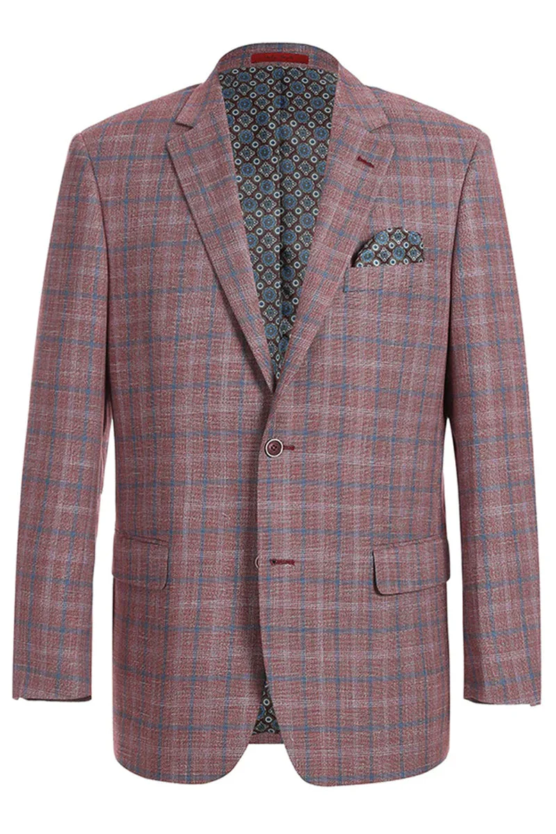 Mens Two Button Classic Fit Sport Coat Blazer in Burgundy Red Windowpane Plaid | CLOSE OUT 54L