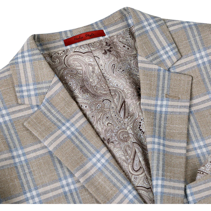 Mens Two Button Classic Fit Sport Coat Blazer in Grey Tan Windowpane Plaid - Image 2