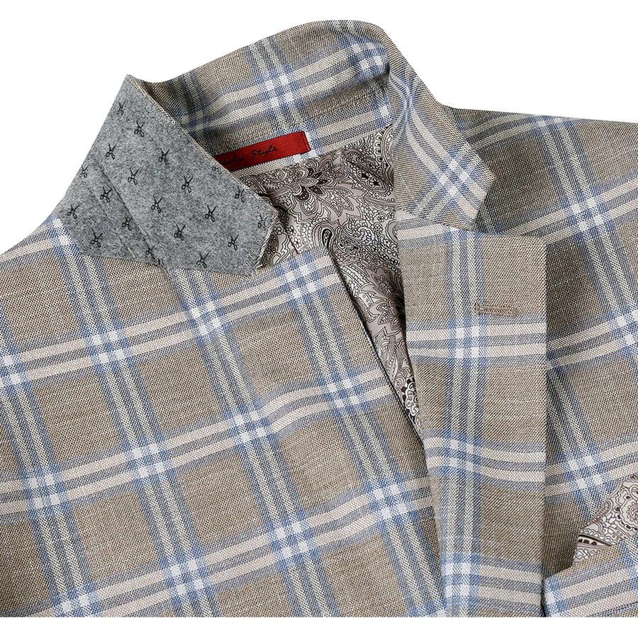 Mens Two Button Classic Fit Sport Coat Blazer in Grey Tan Windowpane Plaid - Image 3