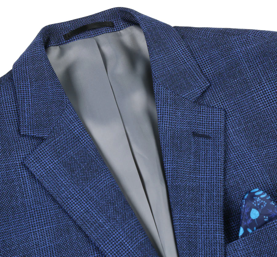 Mens Two Button Classic Fit Sport Coat Blazer in Navy Blue Windowpane Plaid - Image 2