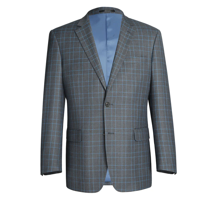 Mens Two Button Classic Fit Two Piece Suit in Grey & Blue Windowpane Plaid - Image 2