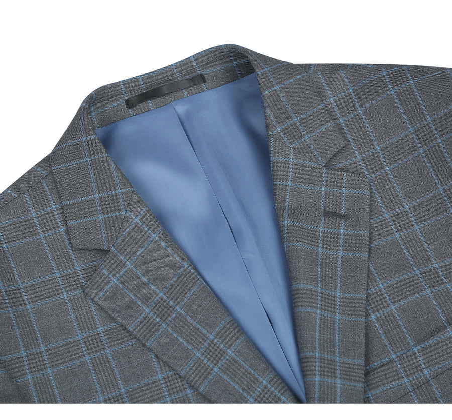 Mens Two Button Classic Fit Two Piece Suit in Grey & Blue Windowpane Plaid - Image 3