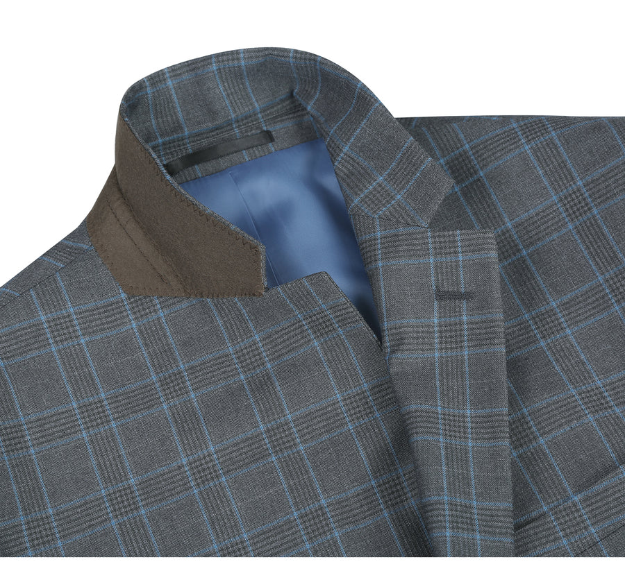 Mens Two Button Classic Fit Two Piece Suit in Grey & Blue Windowpane Plaid - Image 4