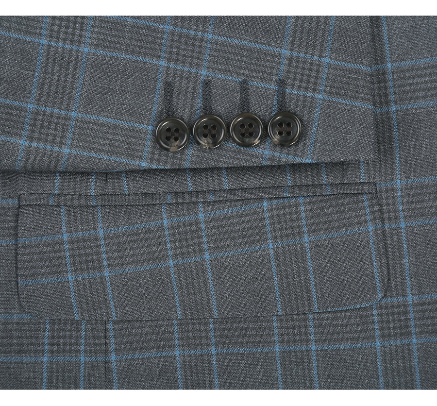 Mens Two Button Classic Fit Two Piece Suit in Grey & Blue Windowpane Plaid - Image 5