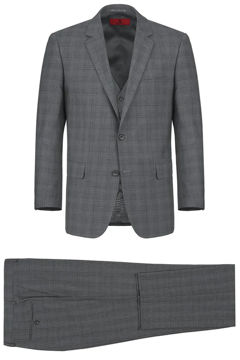 Mens Two Button Classic Fit Vested Suit in Charcoal Grey Windowpane Plaid - Image 2