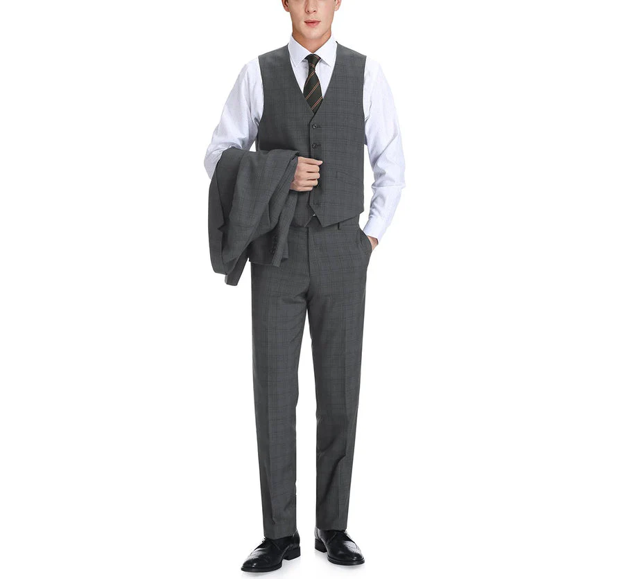 Mens Two Button Classic Fit Vested Suit in Charcoal Grey Windowpane Plaid - Image 3