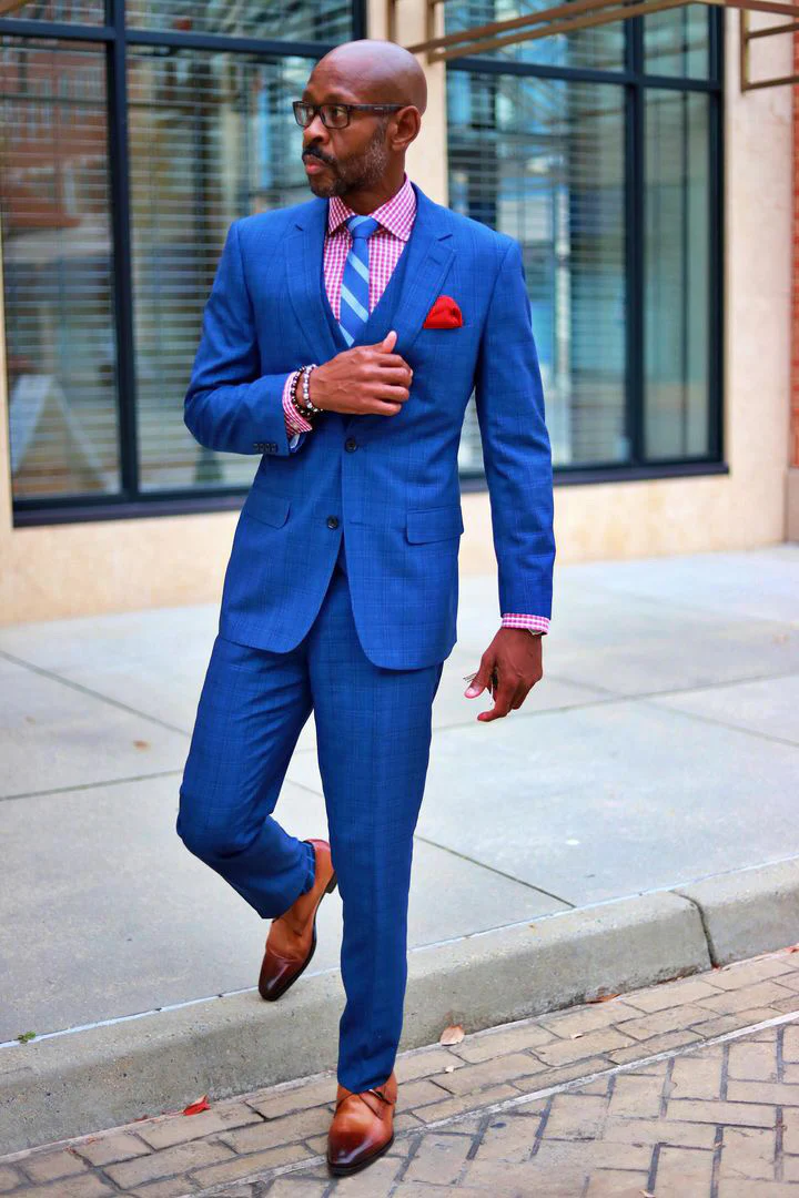 Mens Two Button Classic Fit Vested Suit in Navy Blue Windowpane Plaid - Image 11