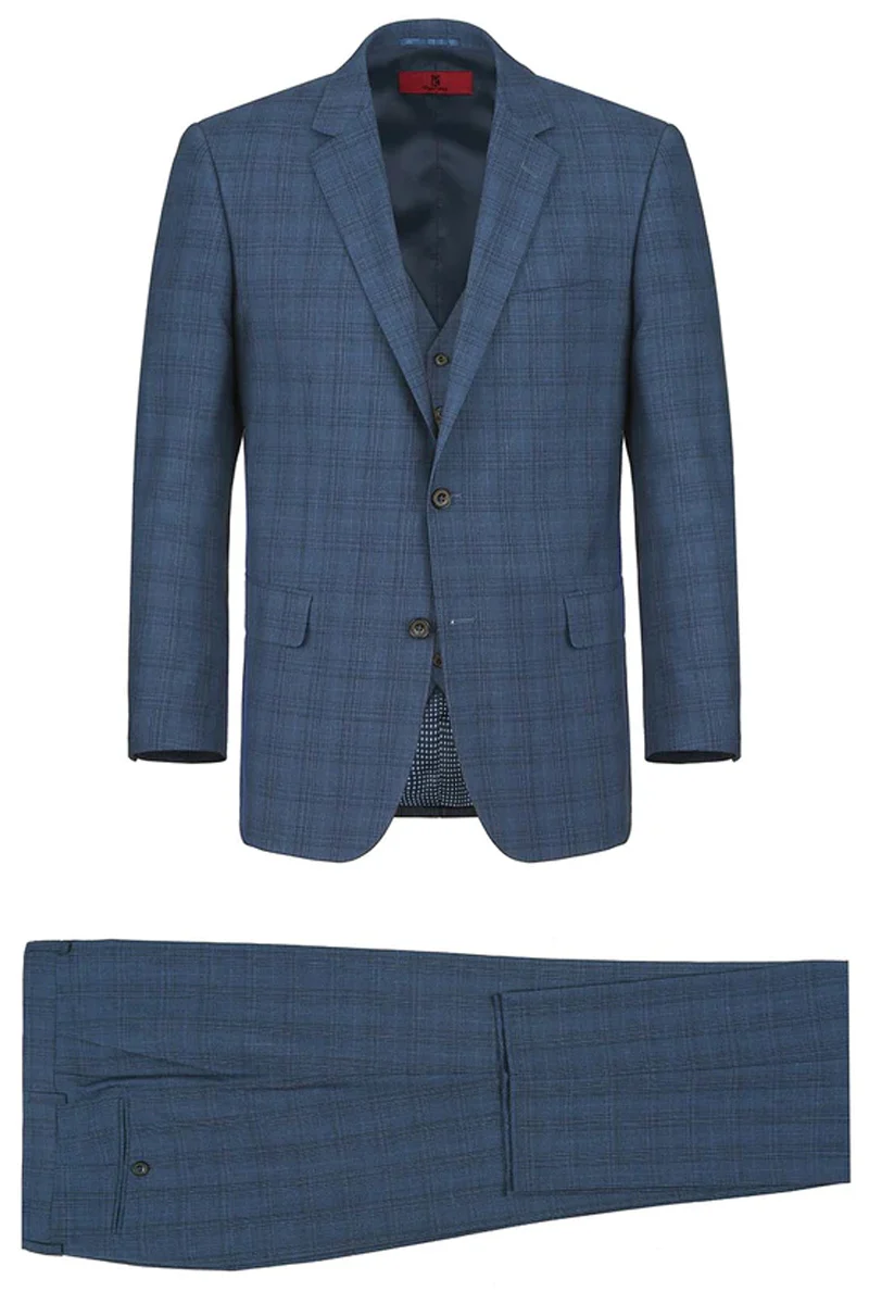 Mens Two Button Classic Fit Vested Suit in Navy Blue Windowpane Plaid - Image 2