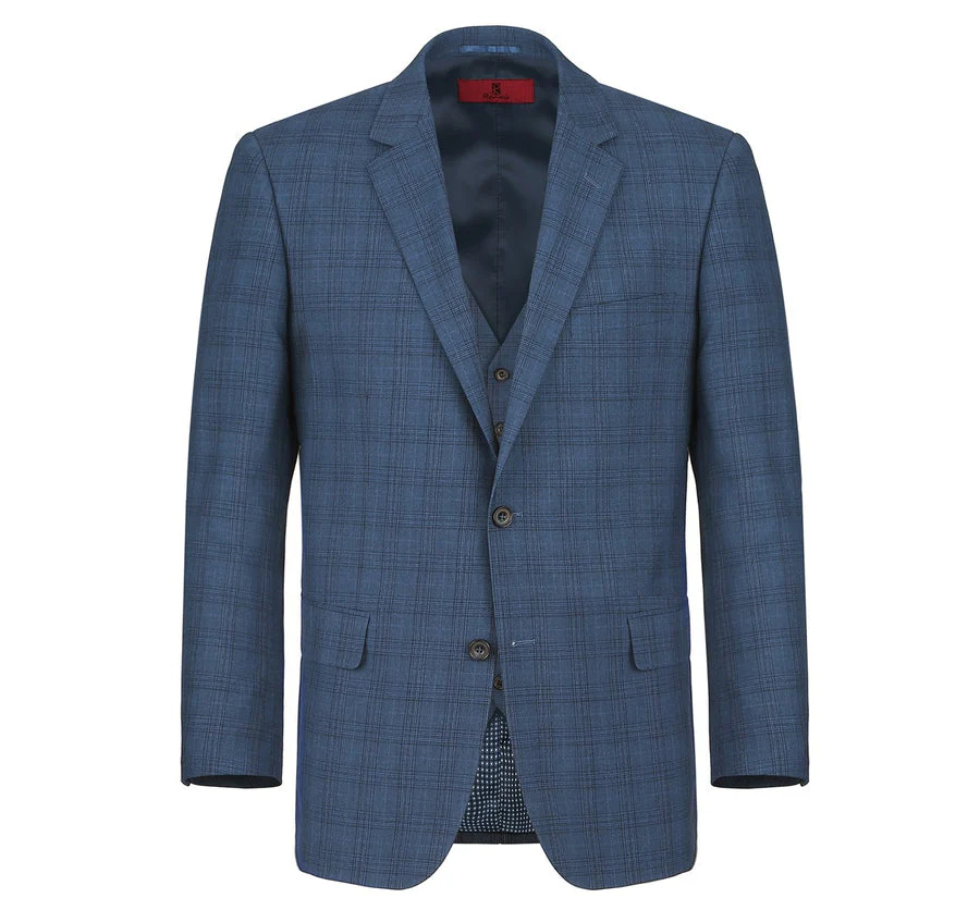Mens Two Button Classic Fit Vested Suit in Navy Blue Windowpane Plaid - Image 3