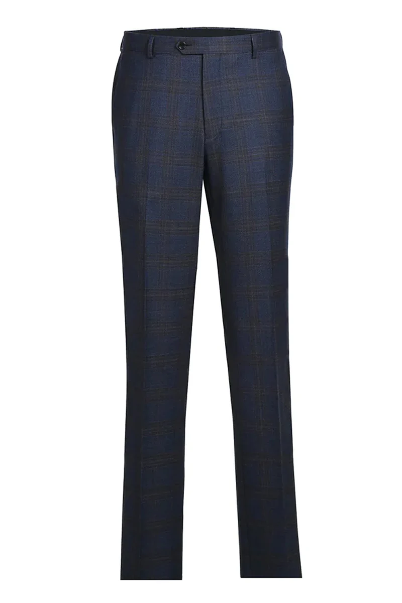 Mens Two Button Classic Fit Vested Wool Suit in Brown & Blue Windowpane Plaid - Image 2