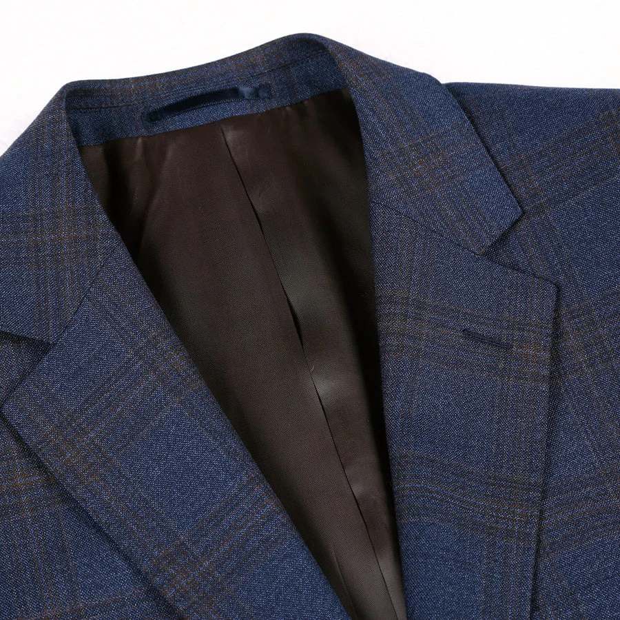 Mens Two Button Classic Fit Vested Wool Suit in Brown & Blue Windowpane Plaid - Image 4