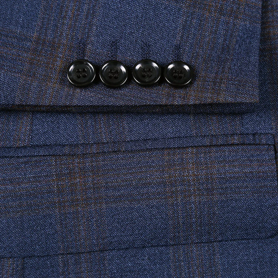 Mens Two Button Classic Fit Vested Wool Suit in Brown & Blue Windowpane Plaid - Image 5