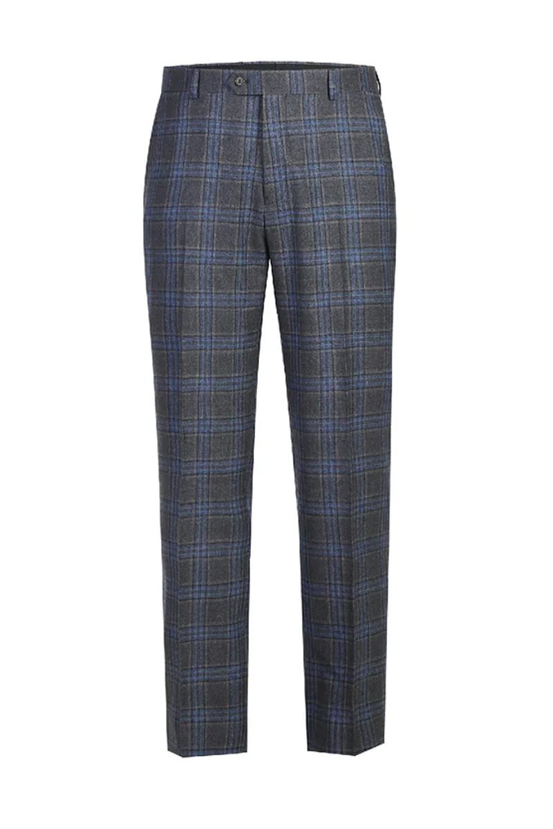 Mens Two Button Classic Fit Vested Wool Suit in Grey & Blue Windowpane Plaid - Image 2