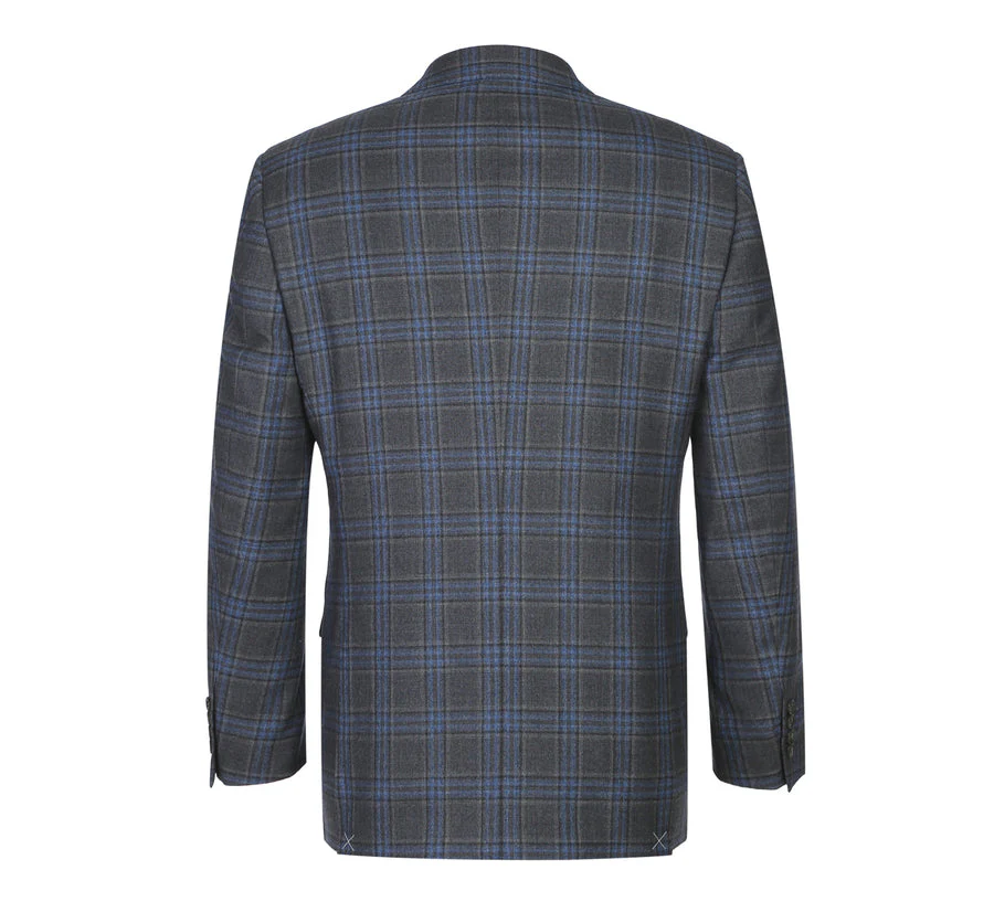Mens Two Button Classic Fit Vested Wool Suit in Grey & Blue Windowpane Plaid - Image 3