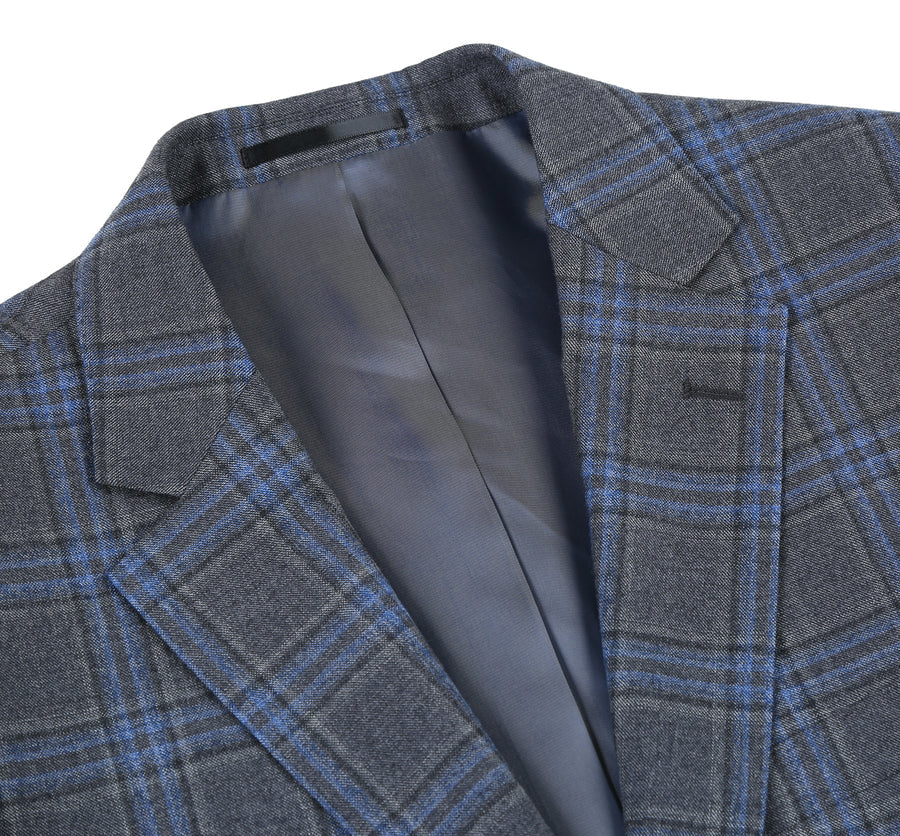 Mens Two Button Classic Fit Vested Wool Suit in Grey & Blue Windowpane Plaid - Image 4