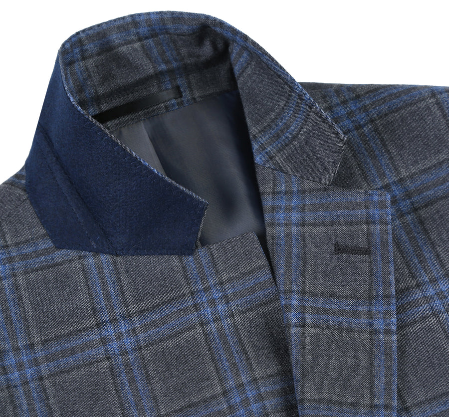 Mens Two Button Classic Fit Vested Wool Suit in Grey & Blue Windowpane Plaid - Image 5