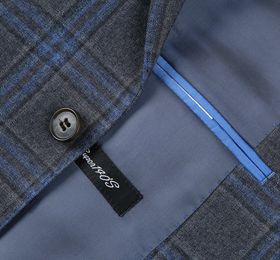 Mens Two Button Classic Fit Vested Wool Suit in Grey & Blue Windowpane Plaid - Image 6