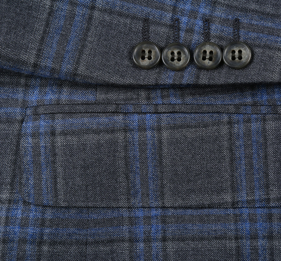 Mens Two Button Classic Fit Vested Wool Suit in Grey & Blue Windowpane Plaid - Image 7
