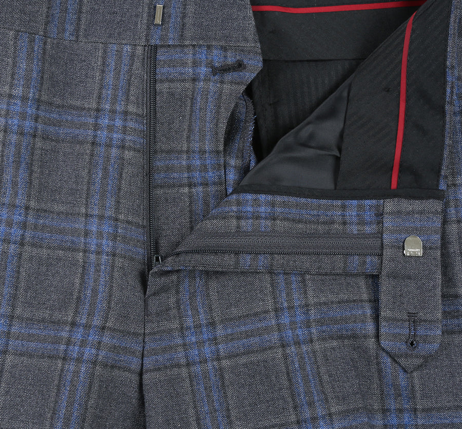 Mens Two Button Classic Fit Vested Wool Suit in Grey & Blue Windowpane Plaid - Image 8