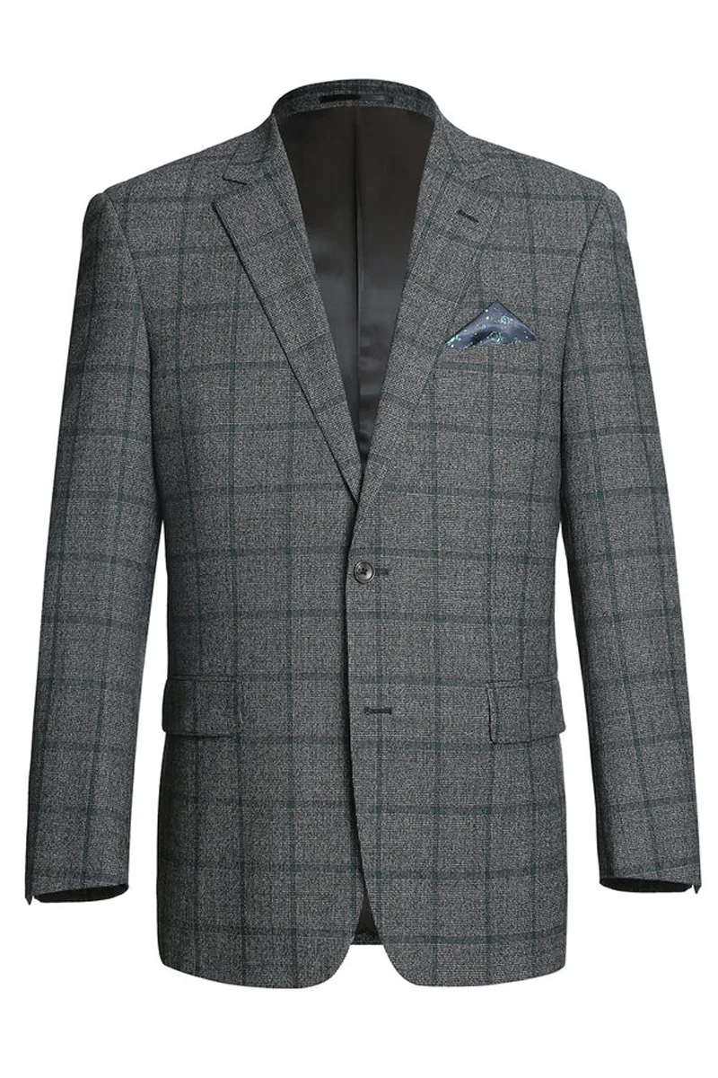 Mens Two Button Classic Fit Wool Sport Coat Blazer in Brown & Olive Gren Windowpane Plaid