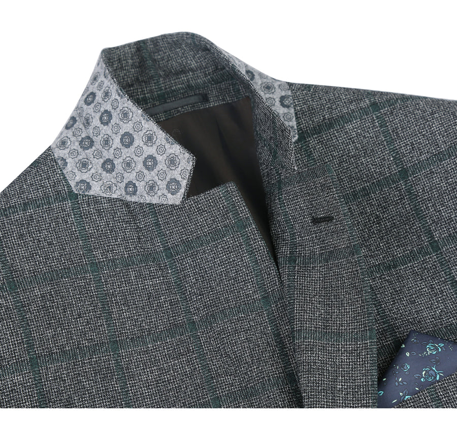 Mens Two Button Classic Fit Wool Sport Coat Blazer in Brown & Olive Gren Windowpane Plaid - Image 3