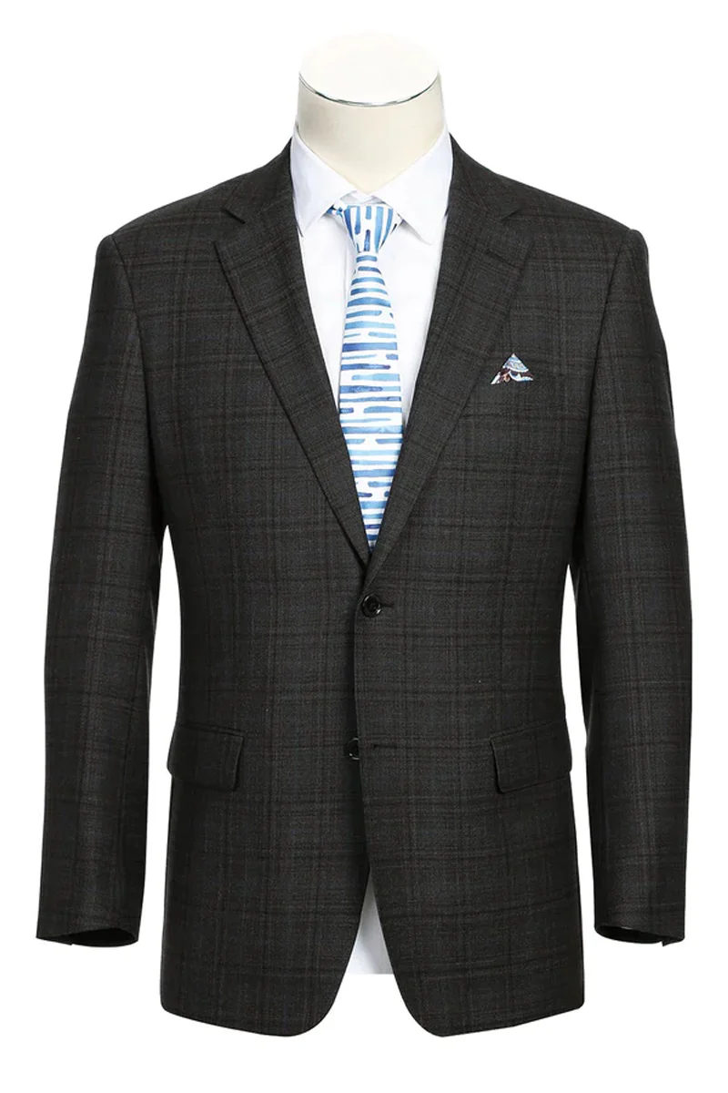 Mens Two Button Classic Fit Wool Sport Coat Blazer in Dark Brown Windowpane Plaid