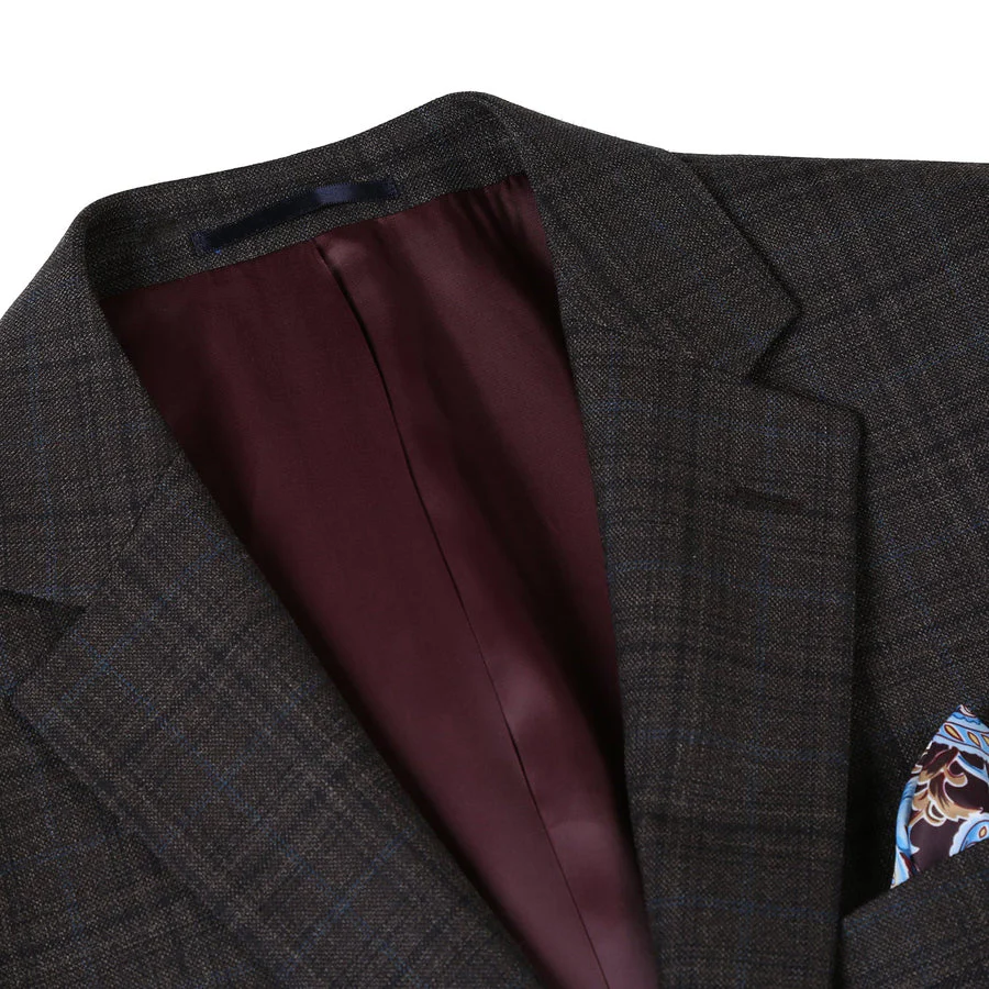 Mens Two Button Classic Fit Wool Sport Coat Blazer in Dark Brown Windowpane Plaid - Image 2