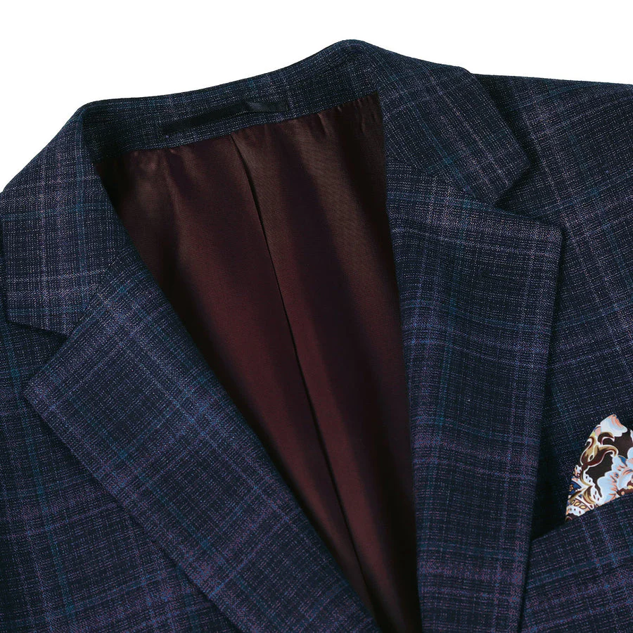 Mens Two Button Classic Fit Wool Stretch Sport Coat Blazer in Dark Navy Blue Windowpane Plaid - Image 2