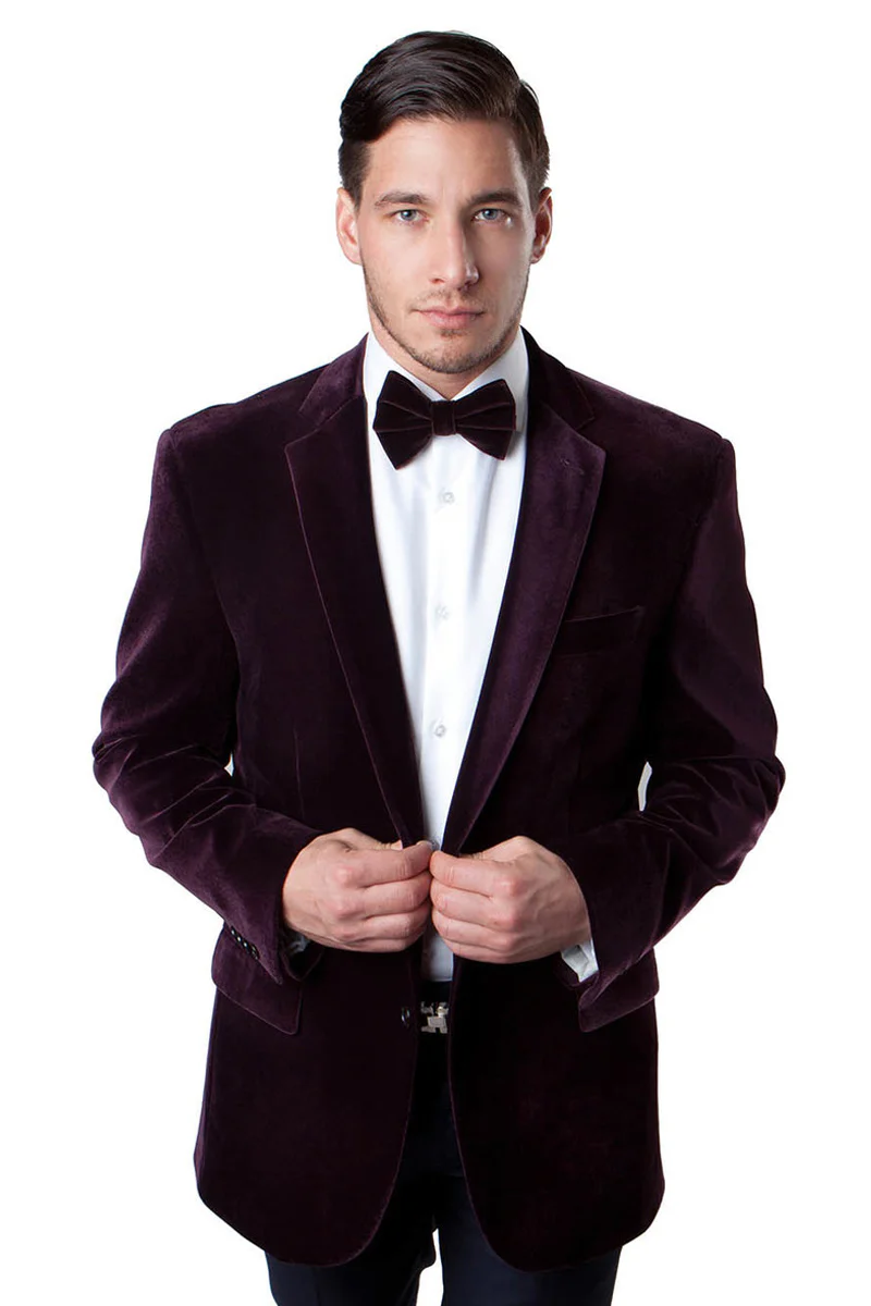 Men's Two Button Classic Velvet Blazer in Burgundy