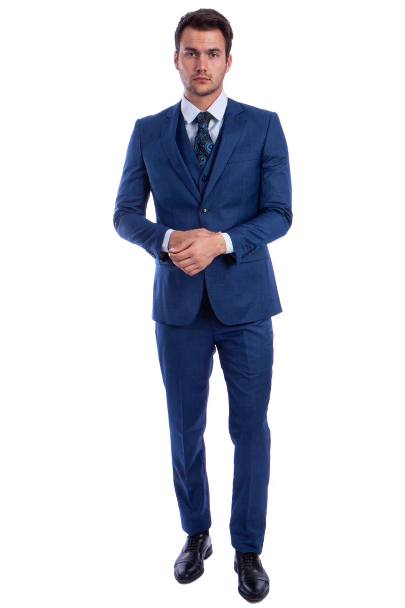 Men's Two Button Hybrid Fit Vested Sharkskin Wedding & Business Suit in Blue - Image 2