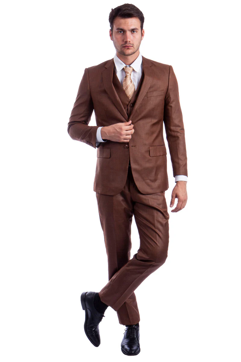 Men's Two Button Hybrid Fit Vested Sharkskin Wedding & Business Suit in Cognac - Image 2