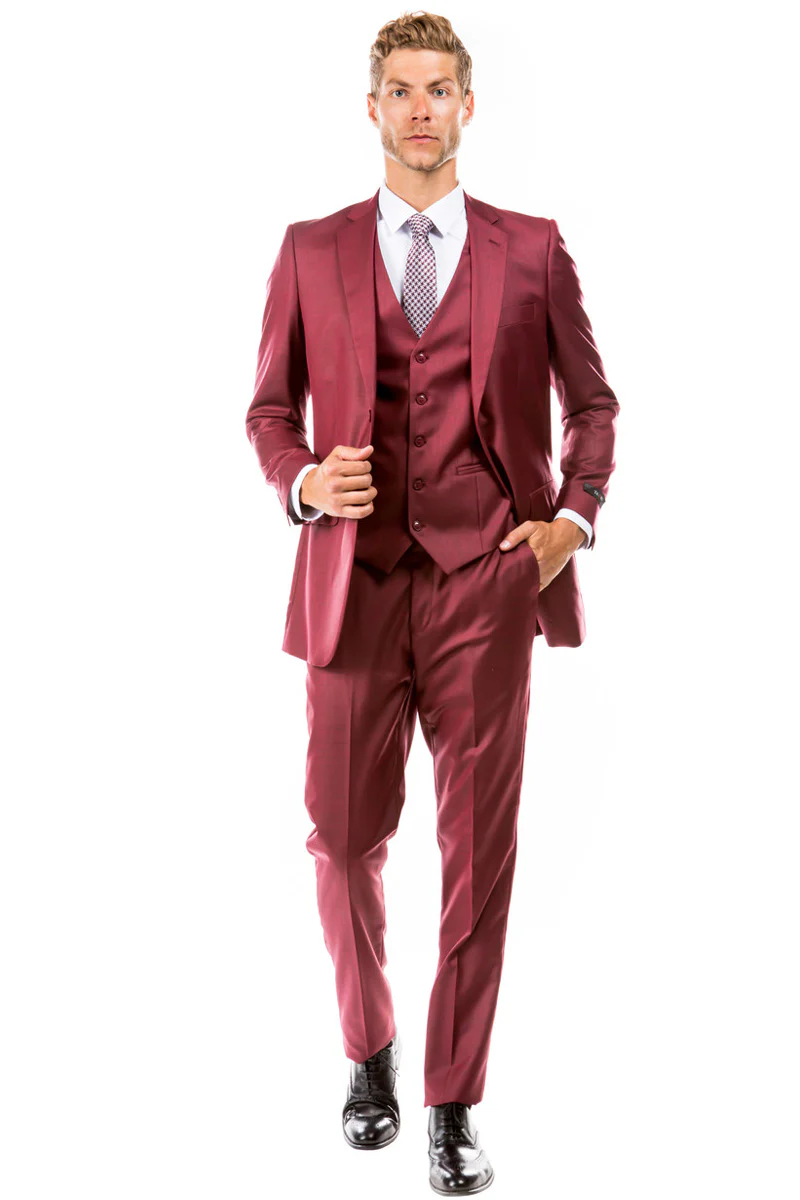 Men's Two Button Hybrid Fit Vested Sharkskin Wedding & Business Suit in Cranberry Red - Image 2