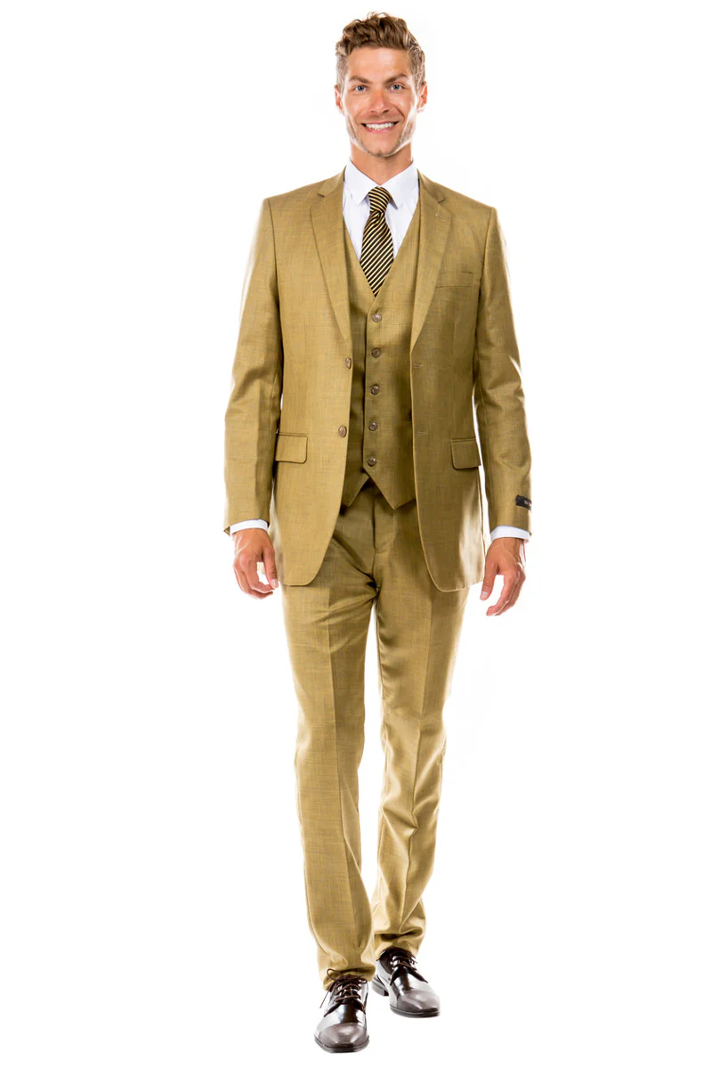 Men's Two Button Hybrid Fit Vested Sharkskin Wedding & Business Suit in Oatmeal Tan - Image 2