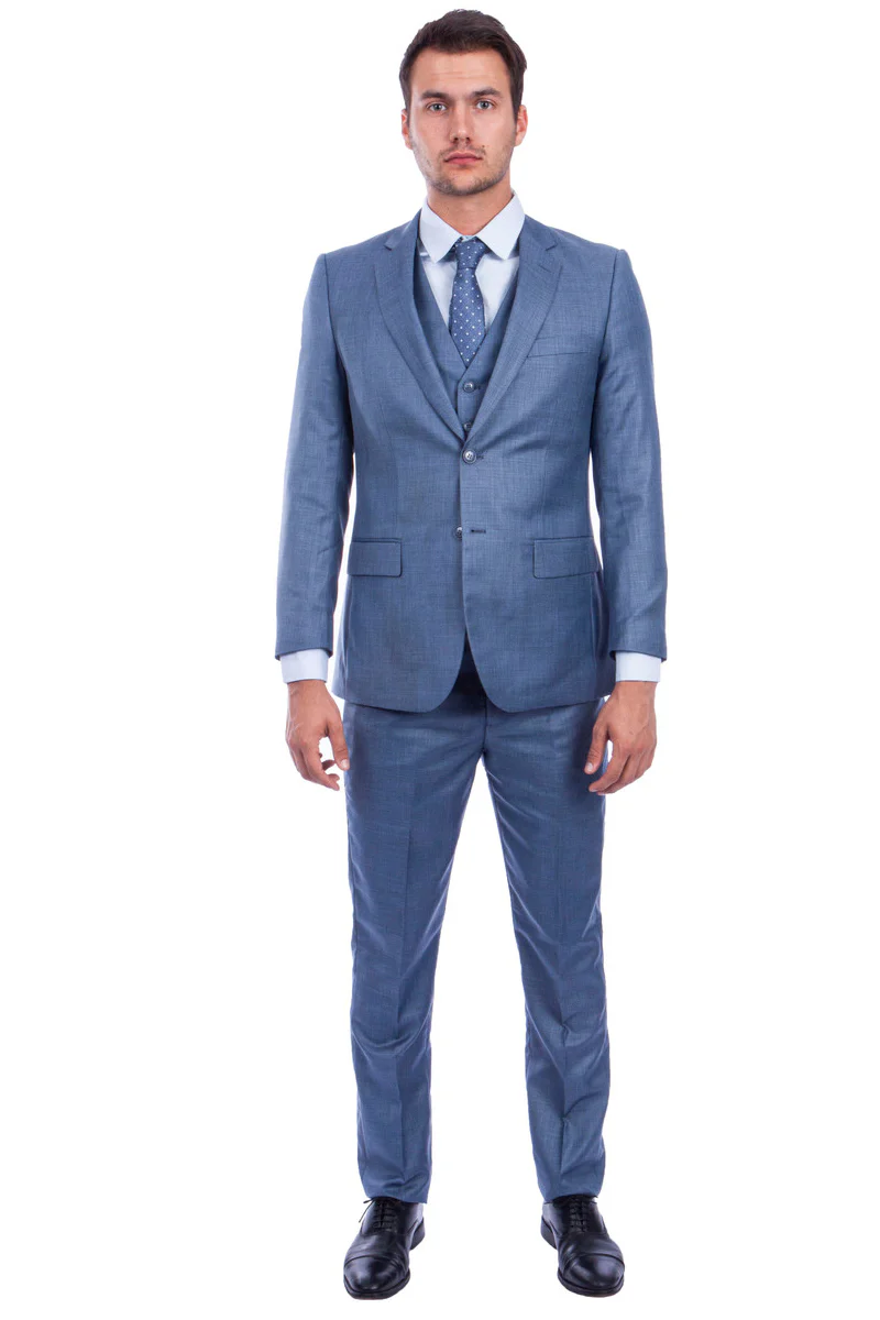 Men's Two Button Hybrid Fit Vested Sharkskin Wedding & Business Suit in Ocean Blue - Image 2